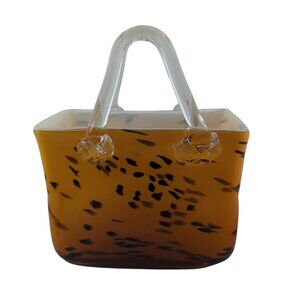 Glass Handbag Vase Tortoise Shell Pattern Clear Handles Orange Rectangle 9.5"